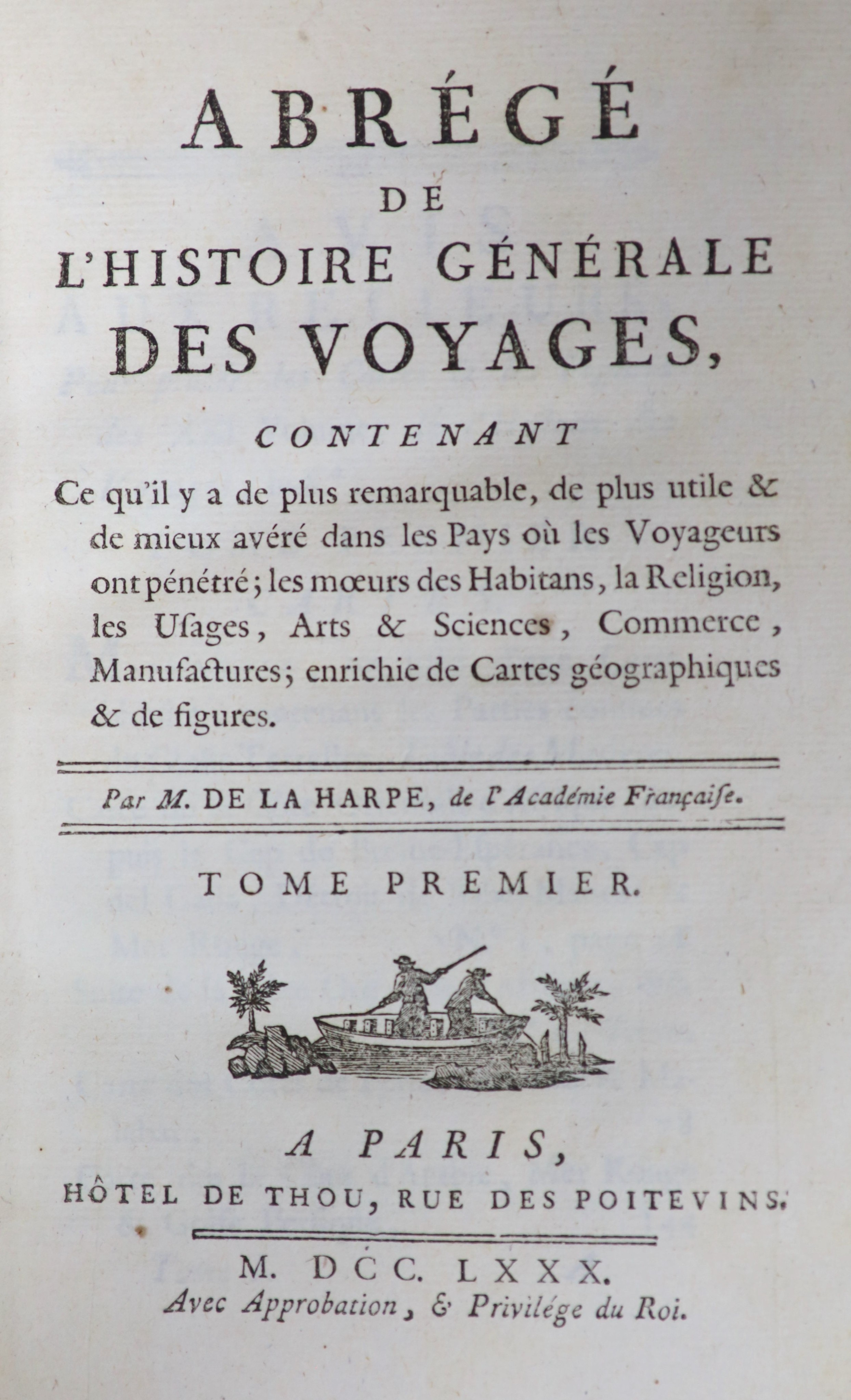 La Harpe, Jean Francois de - Abrege de l’histoire generale des voyages, 32 vols, 8vo, contemporary calf, Paris, 1780-1801.